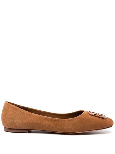 Tory Burch Minnie Embellished Suede Ballet Flats In Brown,orange