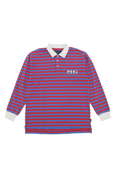 Noon Goons Men's Sponsored Stripe Long Sleeve Polo In Bright Blue/ Pink