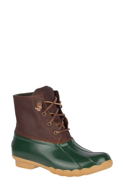 Sperry Saltwater Rain Boot In Tan/ Green Leather