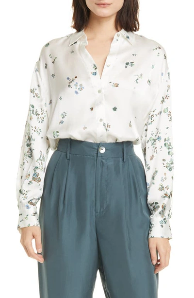Vince Scattered Floral Silk Blouse In Optic White