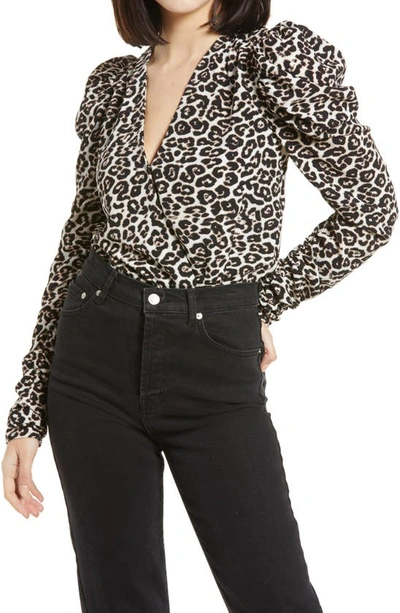 Afrm Danna Puff Sleeve Bodysuit In Spring Leopard