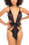 Oh La La Cheri Heart Charm Open Back Lace Teddy In Black