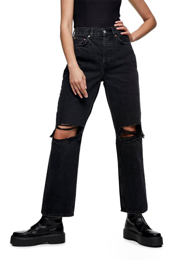 Topshop Double Ripped Knee Dad Jeans In Washed Black | ModeSens