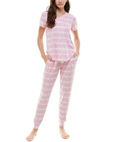 Roudelain V-neck T-shirt & Jogger Pants Pajama Set In Tubular Tie Dye Orchird Smoke