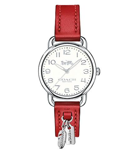 Coach Delancey Stainless Steel And Leather Charm Watch In Red Modesens
