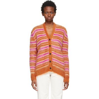 Marni Mohair Wool-blend Striped Cardigan In Lobster
