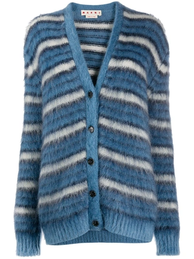 Marni Mohair Wool-blend Striped Cardigan In Blue