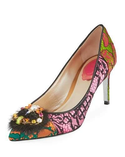 René Caovilla Fur-trim Lace 75mm Pump, Multi In Multi Pattern