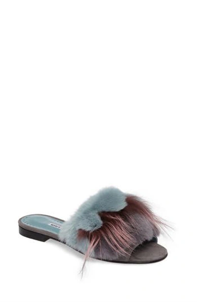 Manolo Blahnik Pelosusrafo Genuine Rabbit & Fox Fur Slide Sandal In Grey