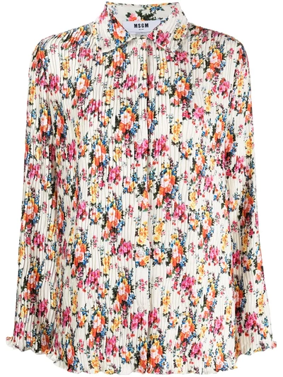 Msgm Pleated Shirt With Floral Print In Neutrals