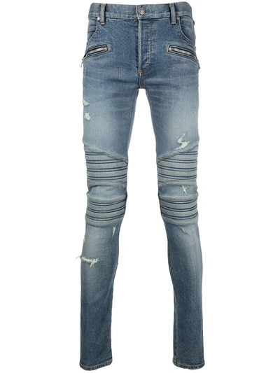 Balmain Monogram Embroidered Slim-fit Jeans In Blue