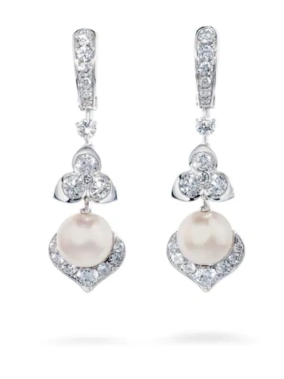 David Morris 18kt White Gold Trillium Akoya Pearl & White Diamond Earrings In Silver
