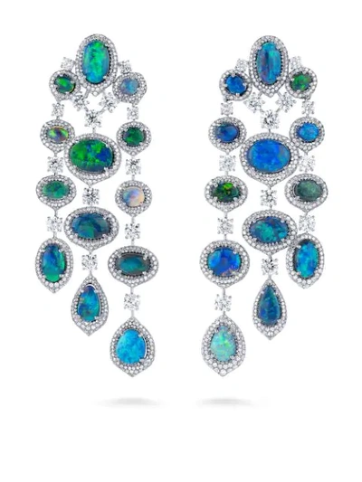 David Morris Platinum Black Opal & White Diamond Chandelier Earrings In Silver