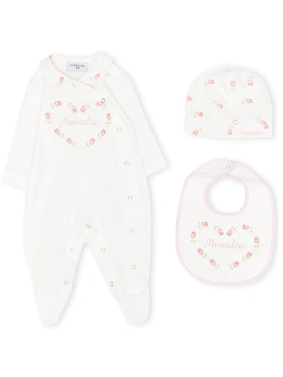 Monnalisa Baby Cotton Onesie, Hat And Bib Set In White