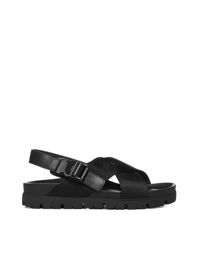 Prada Logo Jacquard Canvas And Leather Sandals In Black
