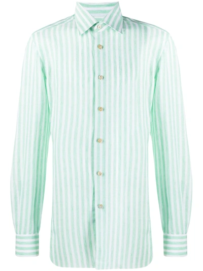 Kiton Man Linen Shirt With White And Green Stripes