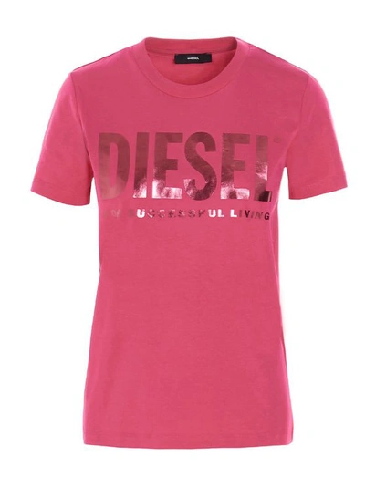 Diesel Cotton T-shirt With Laminated Logo In Fuchsia