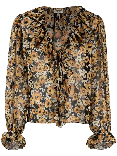 Saint Laurent Floral Printed Georgette Blouse In Yellow In Neutrals