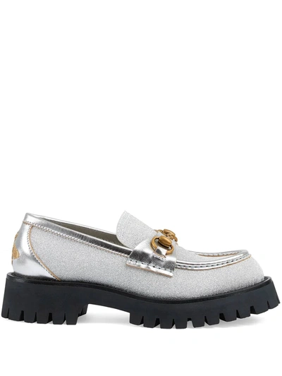 Gucci Horsebit Lug Sole Glitter Loafers In Silver Fabric And Leather