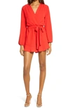 Fraiche By J Flaired Tie Waist Long Sleeve Romper In Red