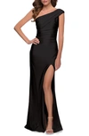 La Femme One Shoulder Shiny Ruched Jersey Dress In Black