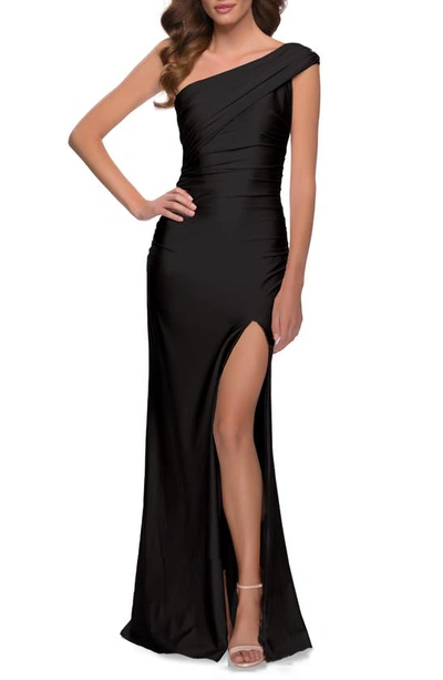 La Femme One Shoulder Shiny Ruched Jersey Dress In Black