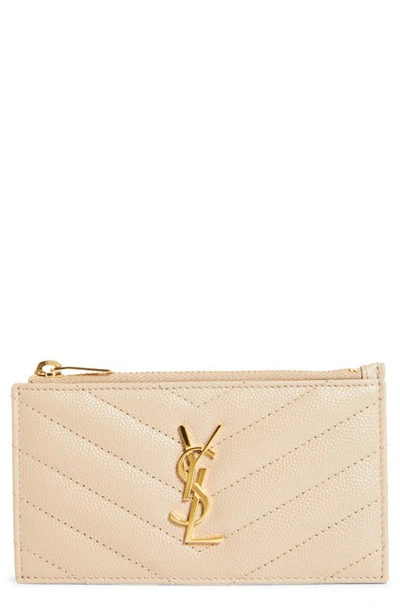 Saint Laurent Pebbled Leather Zip Card Case In Dark Beige