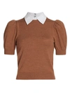 Alice And Olivia Chase Puff-sleeve Sweater W/ Detachable Collar In Brown