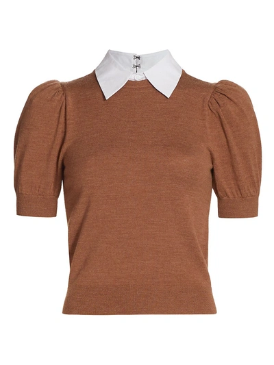 Alice And Olivia Chase Puff-sleeve Sweater W/ Detachable Collar In Brown