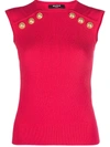 Balmain Button Pointelle Knit Top In Red