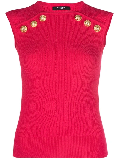 Balmain Button Pointelle Knit Top In Red