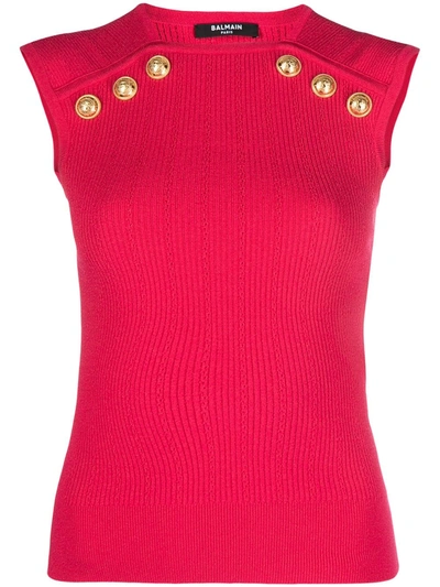 Balmain Button Pointelle Knit Top In Pink