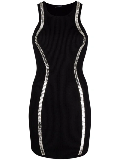 Balmain Crystal-embellished Rib-knit Mini Dress In Black