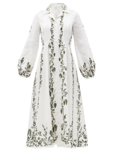 Erdem Kendrick Pintucked Floral-print Linen Midi Shirt Dress In White Green