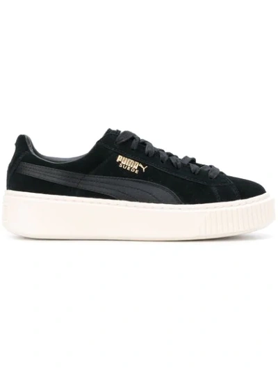 Puma Basket Platform Suede Satin Sneakers In Black