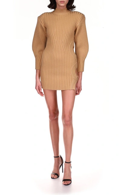 David Koma Embellished Cutout Ribbed Wool Mini Dress In Neutrals