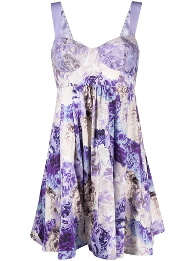 Elisabetta Franchi Peonies Printed Cotton Mini Dress In Purple