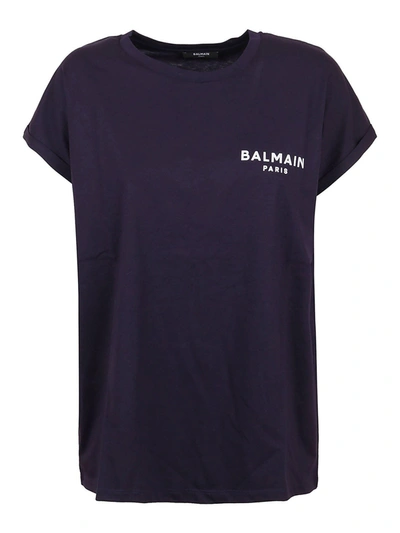 Balmain Ss Flocked Logo Detail T-shirt - Eco Design In Saj Marine Blanc