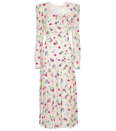 Alessandra Rich Bow-detailed Pleated Floral-print Silk-crepe Midi Dress In White