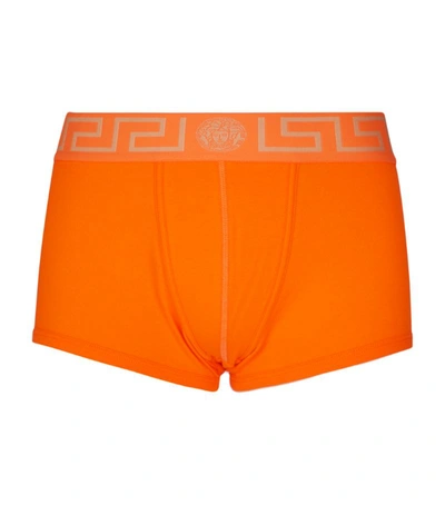 Versace First Line Long Stretch Cotton Trunks In Orange/ Orange/ Gold