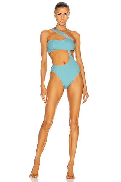 Versace Greca Cutout Barocco One-piece Swimsuit In Light Blue