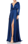 Ieena For Mac Duggal Long Sleeve Satin A-line Gown In Midnight