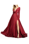 Ieena For Mac Duggal Long Sleeve Ruched Waist A-line Gown In Wine