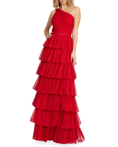 Ieena For Mac Duggal One-shoulder Ruffle-tiered A-line Gown In Red