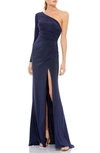 Ieena For Mac Duggal Stretch Jersey One Sleeve Gathered Waist Gown In Navy