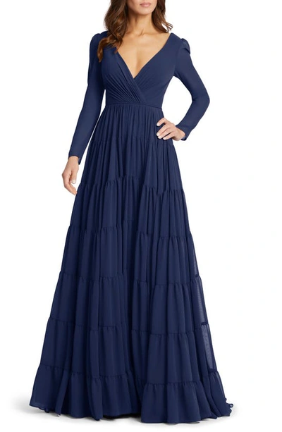Ieena For Mac Duggal Long Sleeve Ruffle Tiered Evening Gown In Midnight