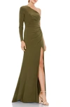 Mac Duggal One-shoulder Long Sleeve Trumpet Gown In Olive