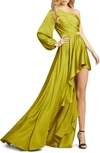 Ieena For Mac Duggal One-shoulder Long Sleeve Satin High/low Gown In Chartreuse