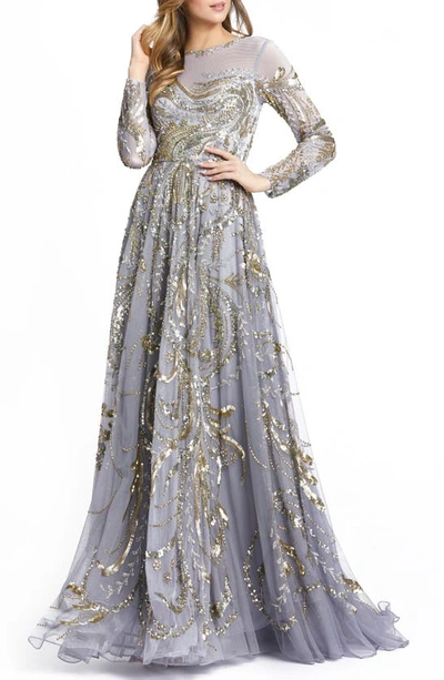 Mac Duggal Sequin Long Sleeve Mesh Gown In Platinum