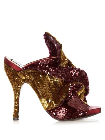 N°21 Sequin Embellished Bow Mules In Metallics, Red. In Burgundy And Golden-green